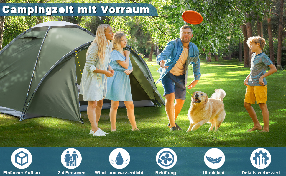 Намет для кемпінгу на 2-4 особи з тамбуром, водонепроникний (PU5000), зелений, для подорожей, трекінгу, кемпінгу та відпочинку на природі