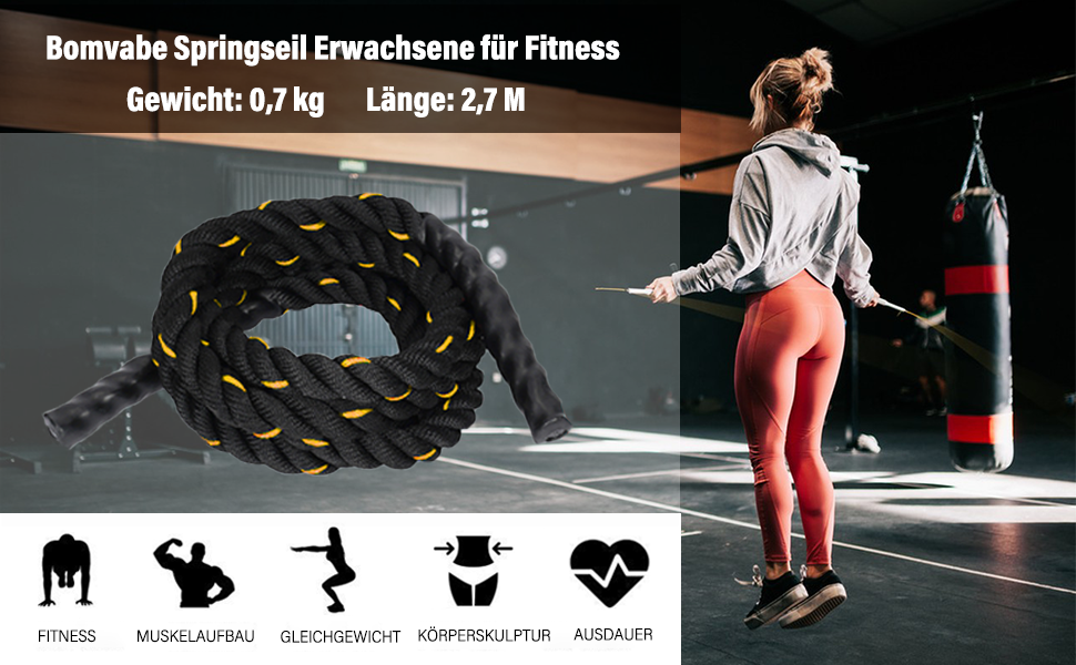 Важкий скакалка для дорослих: фітнес, м'язи, тренування, фітнес-зал, на вулицю, чорний (0,7 кг)