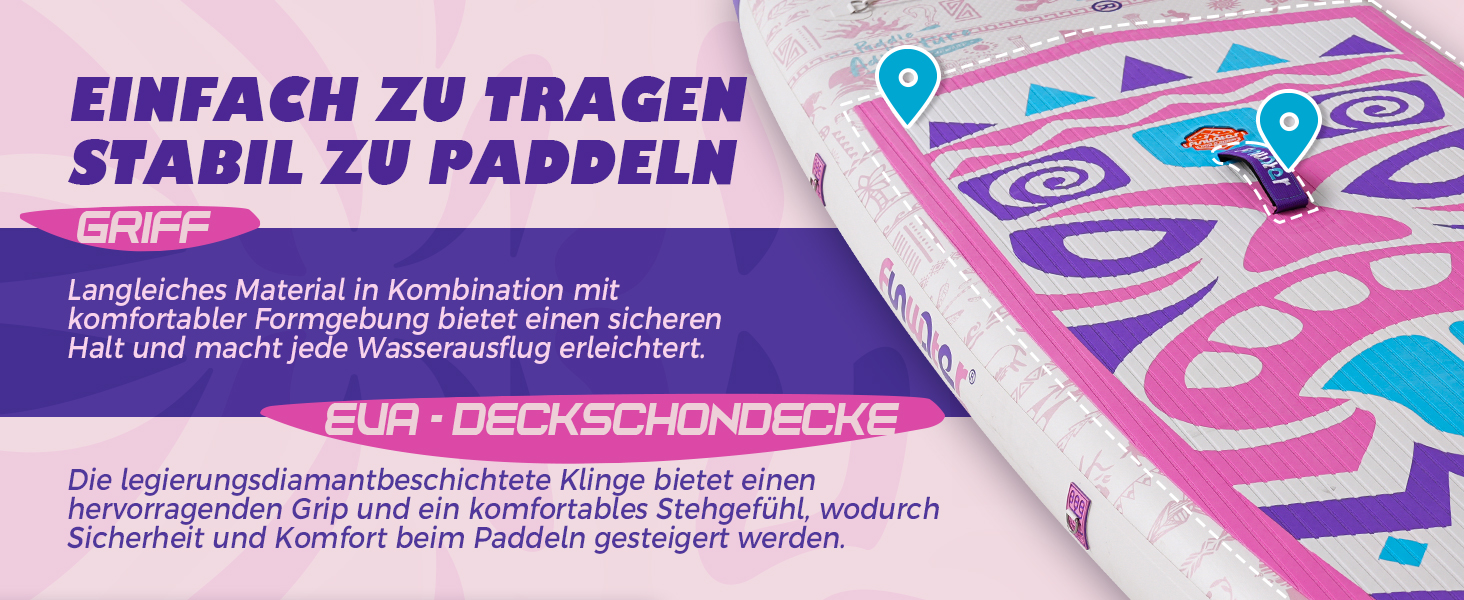 Надувний SUP Борд FunWater 10'6'-11'6' – для початківців та сімей, з антиковзким EVA-деком, веслом, насосом та аксесуарами (10'6-TIKI-Pink/Violett/Weiß)