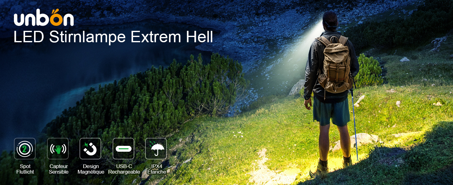 Налобний ліхтар UNBON LED акумуляторний, перезаряджається через USB-C, дуже яскравий, з регулюванням яскравості, 3 режими, сенсор, IPX4, вологостійкий, для туризму, риболовлі, 2 шт.