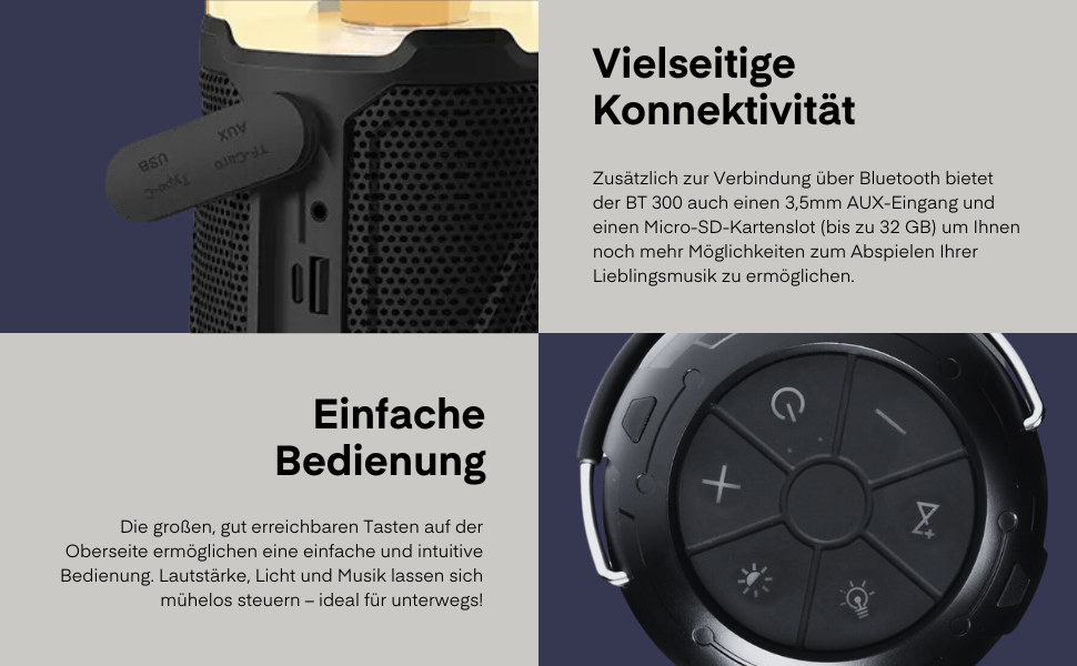 Портативна Bluetooth Колонка Universum BT 300 з LED-ліхтарем та Powerbank - 20W, SD-карта, AUX, 10000mAh, 2300 LUX, вологостійка