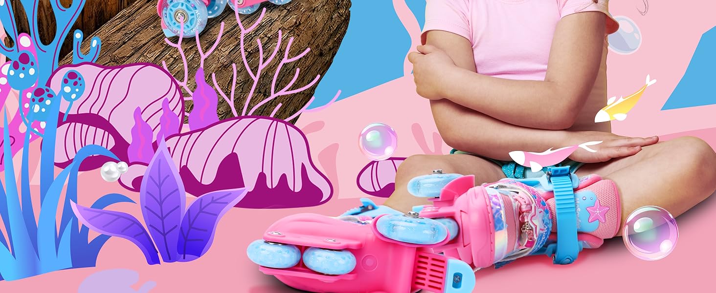 Дитячі ролики Meerjungfrau для дівчаток, 4 розміри, регульовані, з підсвічуванням, 3 колеса, рожеві