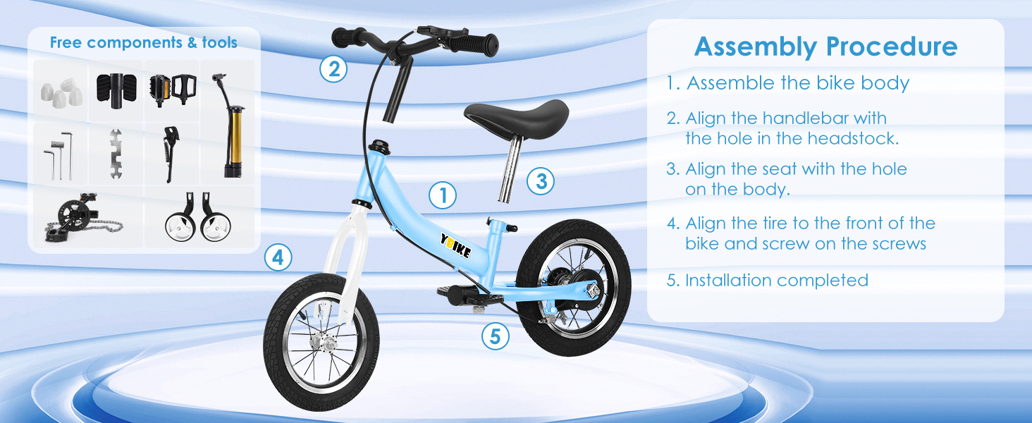 Дитячий велосипед YBIKE 2-в-1: біговел та велосипед, 12/14/16 дюймів, з гальмами та педалями, для дітей 1-7 років, блакитний