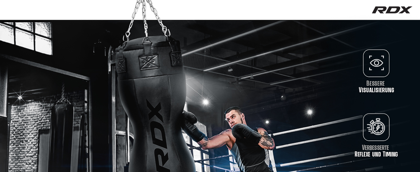 RDX Боксерський мішок Boxen Body Boxsack з рукавичками та сталевим ланцюгом, мішок для боксу Maya Hide, для кікбоксингу, MMA, муай-тай, карате, чорний, не наповнений
