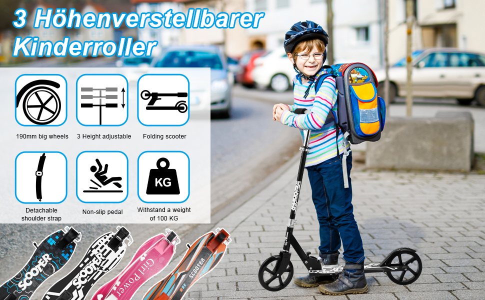 Самокат Cecaylie Cityroller з великими колесами, складаний, регульований по висоті, для дітей і дорослих, заднє гальмо, ремінь для перенесення, до 100 кг