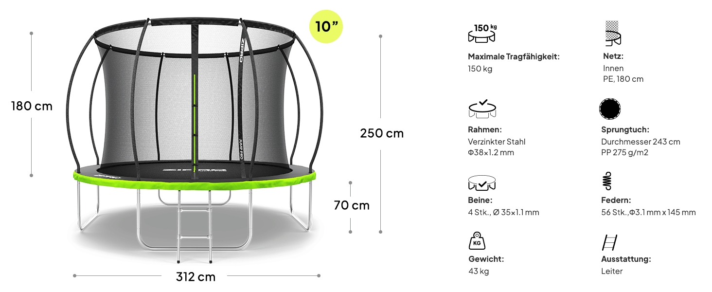 ZIPRO JumpPro Premium Трамплін для дітей Outdoor, садова модель з сіткою, захист від УФ, водостійкий, проста збірка, вантажопідйомність до 150 кг, діаметр 252/312/374/435/496 см