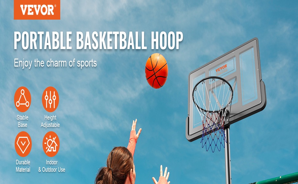 Баскетбольне кільце VEVOR вуличне з підставкою 122-305 см, регульована висота, чорне, стійке до погодних умов та іржі, мобільне (з водою/піском), діаметр 44 см