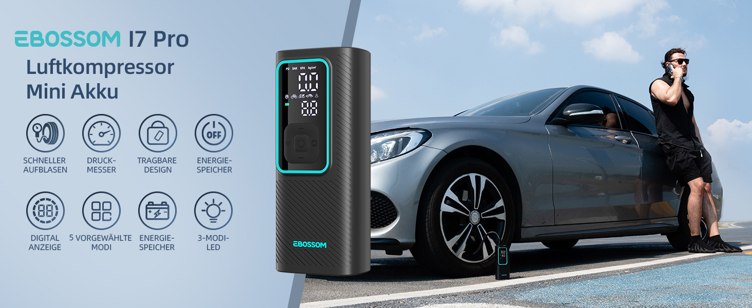 Електрична повітряна помпа 10.3 Bar з акумулятором, компресор Mini 6000mAh & 12V DC, портативна помпа для авто, мотоцикла, велосипеда з LED-підсвічуванням та автоматичним відключенням, блакитна I7