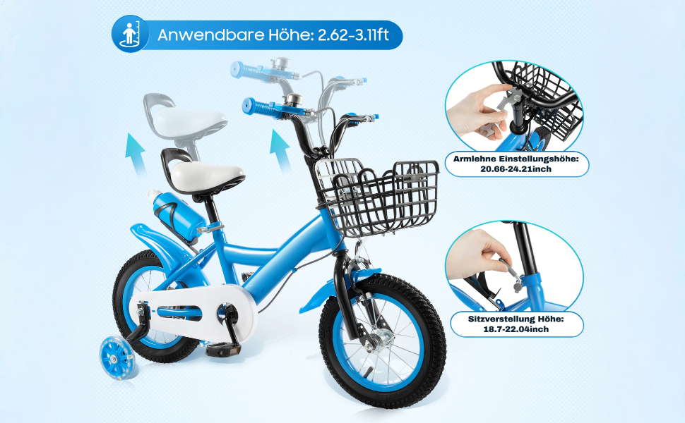 Дитячий велосипед 12 дюймів для дівчаток та хлопчиків з додатковими колесами, дзвінком та кошиком, регульована висота, від 3 років, червоний/синій/блакитний