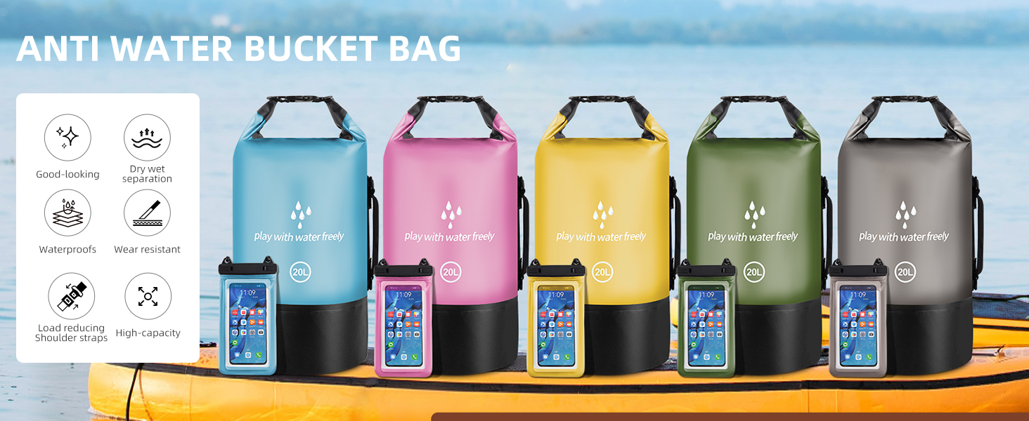 Водонепроникний сухий мішок GES 20 л Roll-Top з кишенею для телефону - для каякінгу, сплаву, кемпінгу та риболовлі (Світло-блакитний)