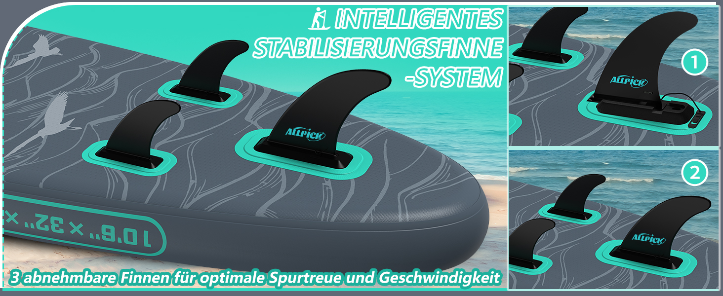 Надувний SUP-борд ALLPICK Premium Set: Комплект для станд-ап паділінгу з аксесуарами, кріпленням для камери та регульованим веслом (200 кг, Сіво-бірюзовий)