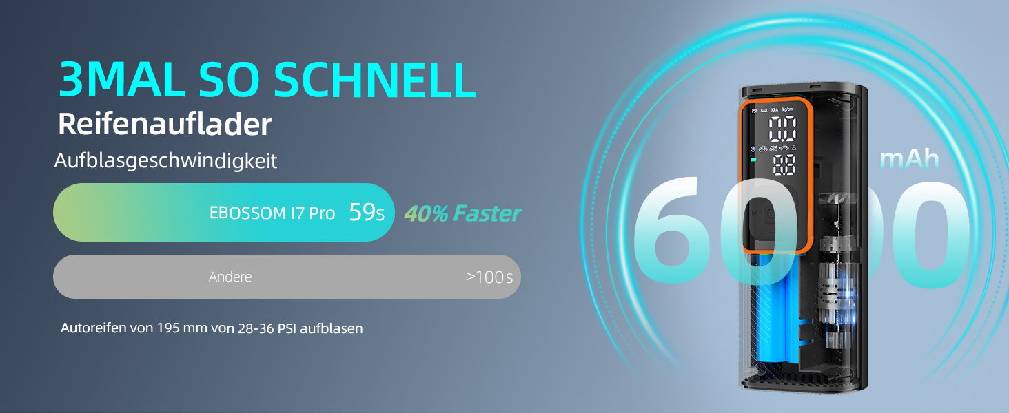 Електрична повітряна помпа 10.3 Bar з акумулятором, 6000mAh та 12V DC, для авто, мото, велосипеда, з LED-ліхтариком та автовимкненням (Оранжева, I7)