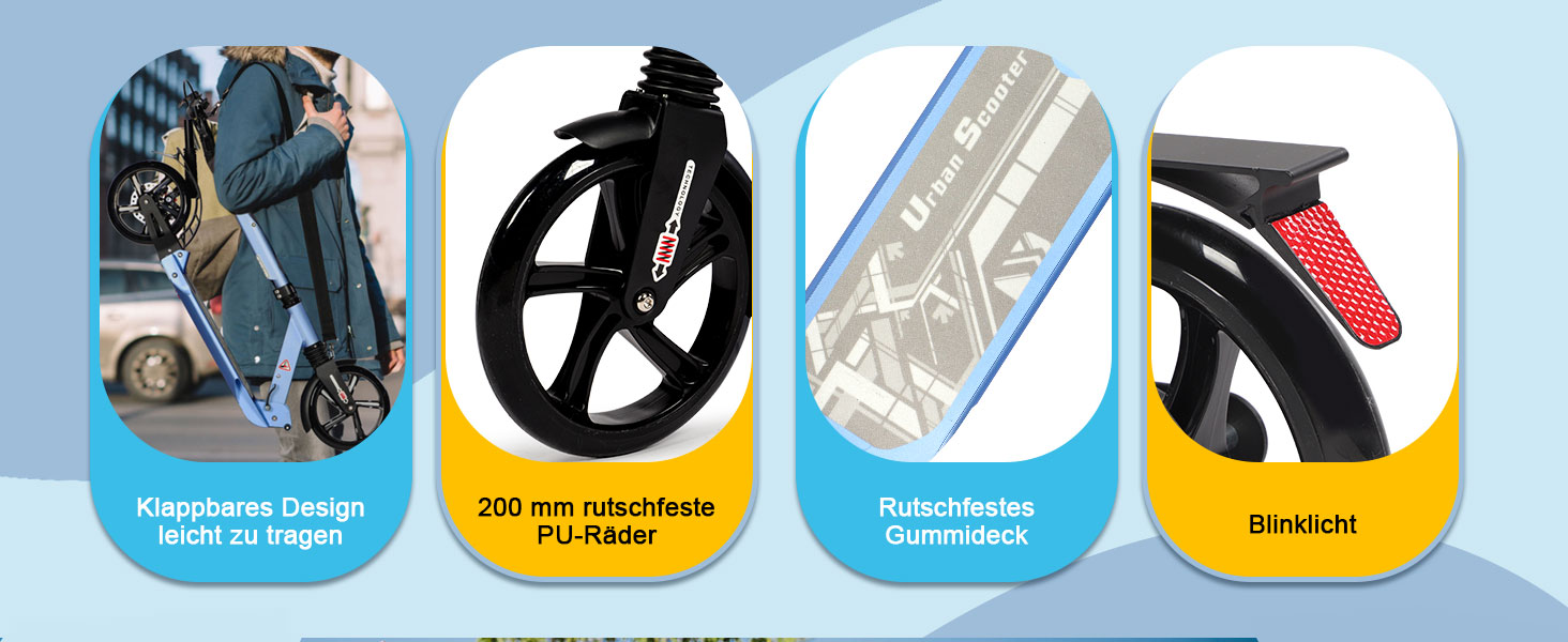 Дитячий складний самокат для дітей 8-15 років з великими колесами 200 мм, дисковими гальмами та регульованою висотою, синій