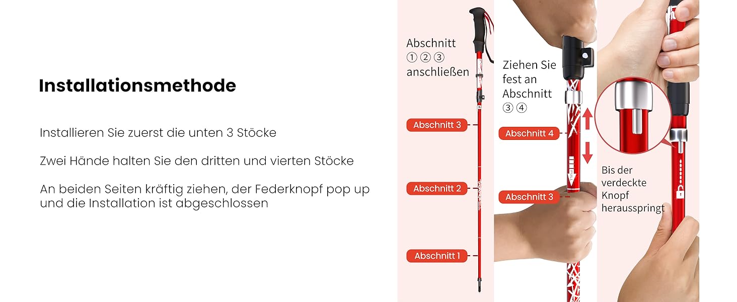 Телескопічні палиці для скандинавської ходьби та трекінгу DOBESTS, алюмінієві розкладні палиці для нордік вокінгу (110-130 см), червоні, преміум-якість