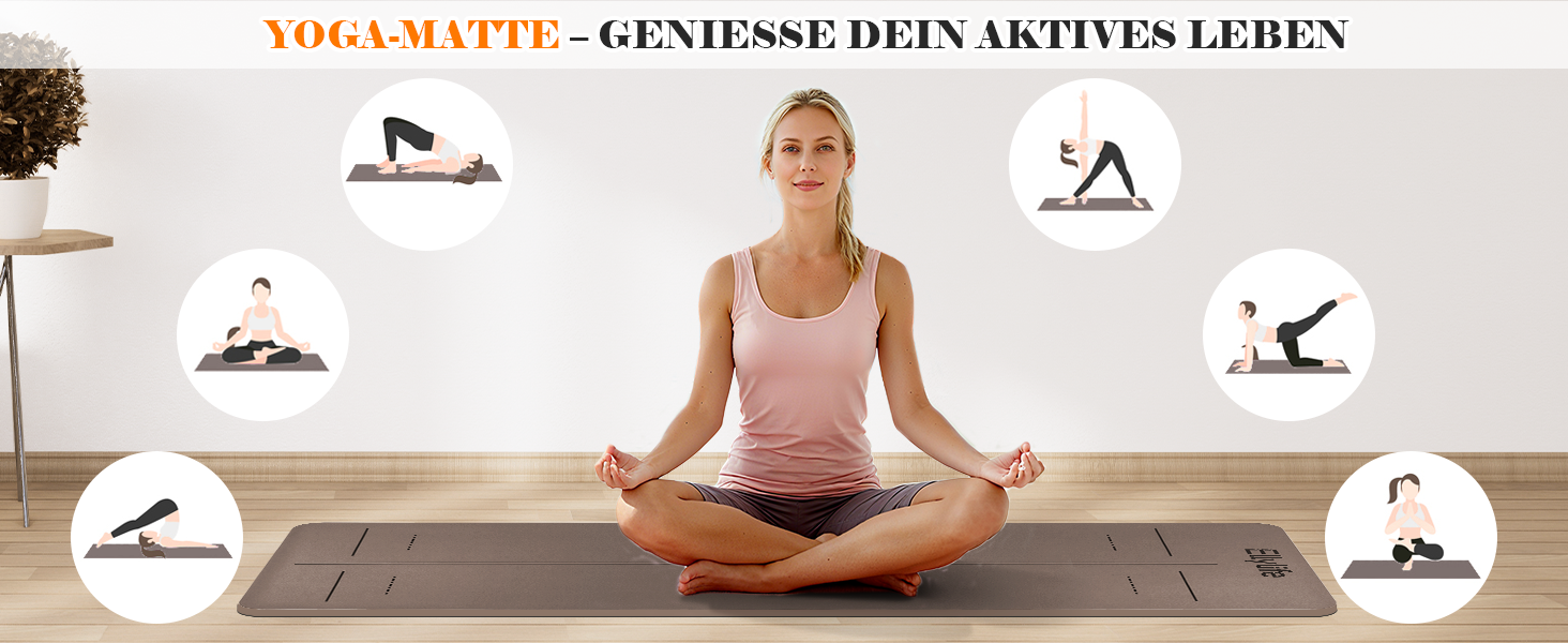 Килимок для йоги та пілатеса з еко-каучуку та TPE, протиковзкий, з лініями розмітки та ременем для перенесення, коричневий, 4мм