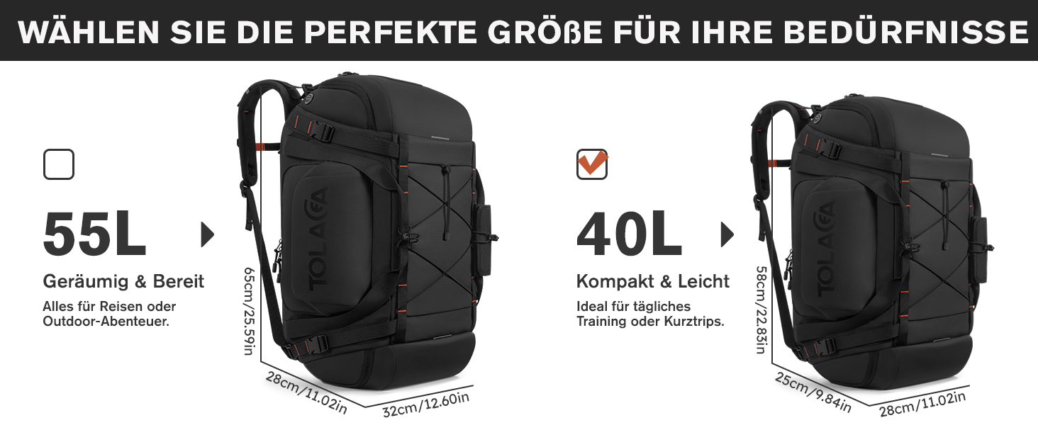 Спортивна сумка-рюкзак Tolaccea 40L з відділеннями для взуття, мокрого одягу та ноутбука 15.6