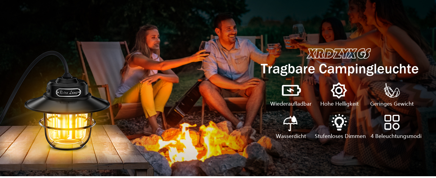 LED кемпінговий ліхтар: портативна налобний ліхтар для кемпінгу, риболовлі, з 4 режимами освітлення, регулюванням яскравості, водонепроникний (IP65), USB-зарядка, чорний