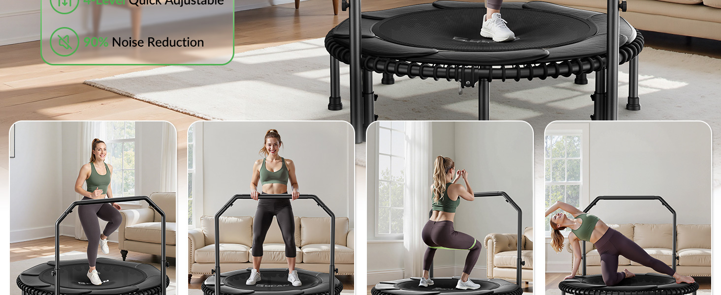 Міні-батут BCAN для дорослих, 102/122 см, до 204/250 кг, з бунжеєвими тросами, регульованою ручкою, стабільний, тихий, для дому та вулиці, тренування всього тіла, релаксація, зелений (122см, 122см-чорний з м'якою обшивкою)