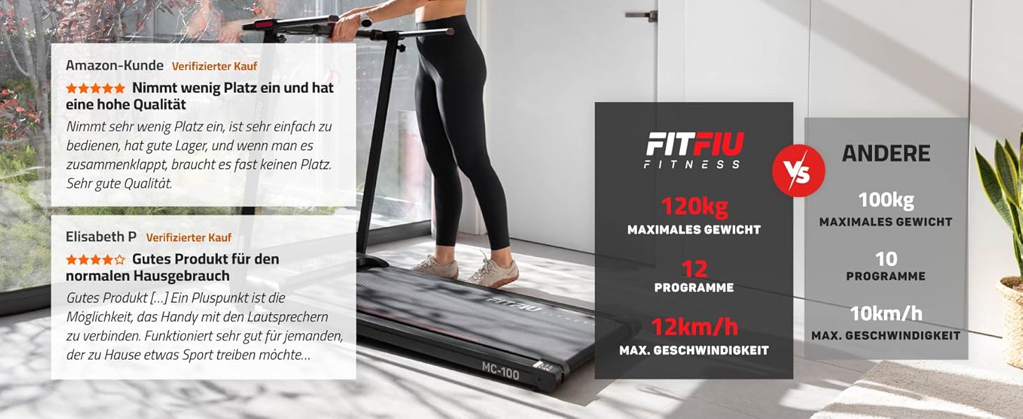 FITFIU MC-100 Складне бігове полотно: 2 нахили, Bluetooth, 12 програм, KINOMAP, до 120 кг, для дому/офісу