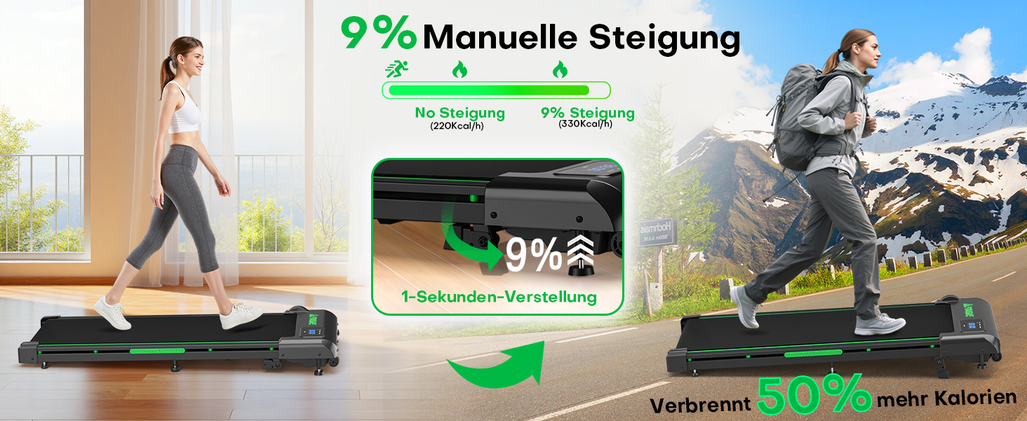 Walking Pad - біговий доріжки для дому з регулюванням нахилу до 9%, потужність 2.5HP, LED-дисплей, пульт дистанційного керування, 12 програм, подвійне амортизація, до 150 кг, чорно-зелений