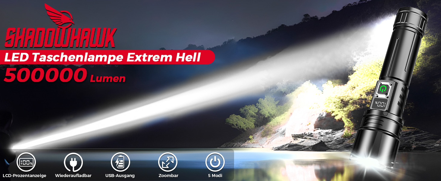 Тактичний ліхтарик Shadowhawk 500000 Lumen з LED, перезарядний, дальність до 1000м, 24г роботи (2 акумулятори), LCD-індикатор заряду, 10.0 Вт, для кемпінгу, туризму, активного відпочинку