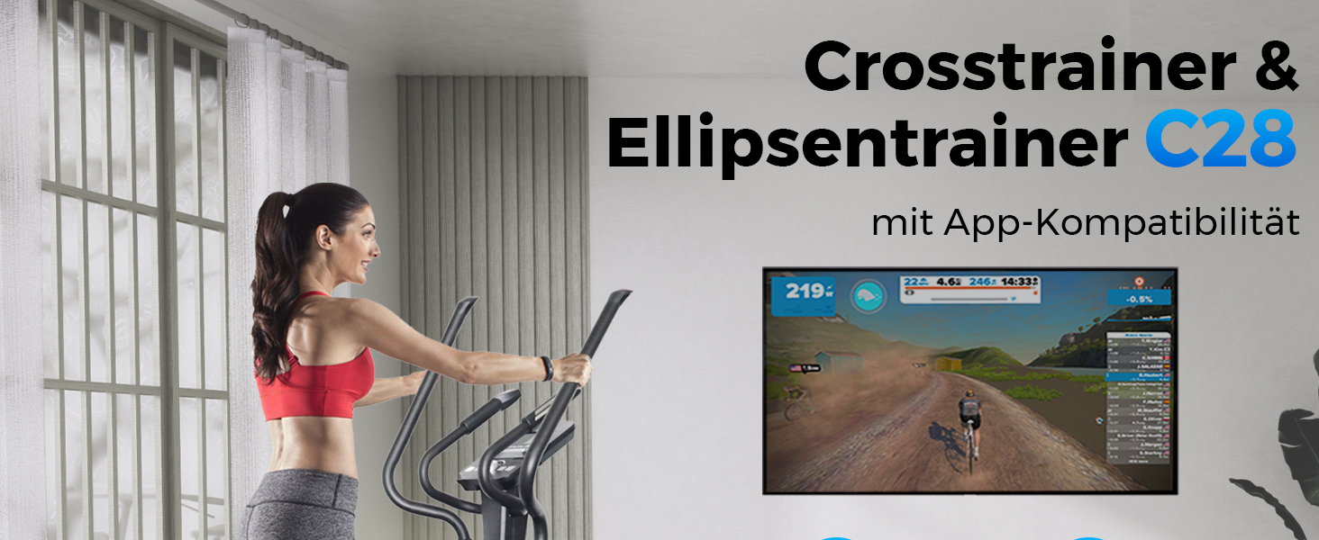 Еліптичний тренажер AsVIVA C28 Pro - 16 кг маховик, тихий ремінний привід, електричне регулювання опору, фітнес-комп'ютер, транспортні ролики