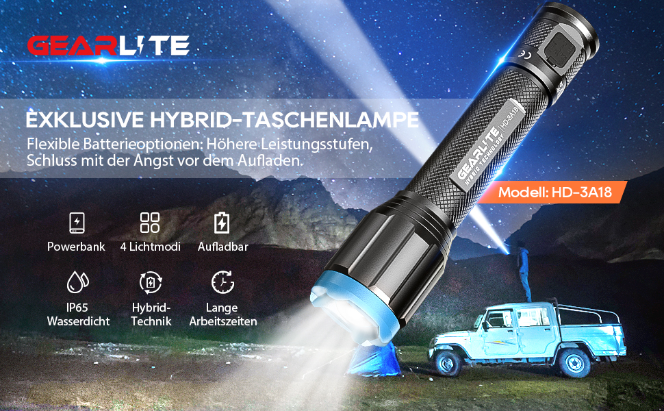 Ліхтар LED Gearlite перезарядна, 10000 люмен, 5 режимів, IP65 водонепроникний, з функцією зуму, для кемпінгу, туризму, надзвичайних ситуацій, 2000mAh+3AA (батарейки не входять в комплект)