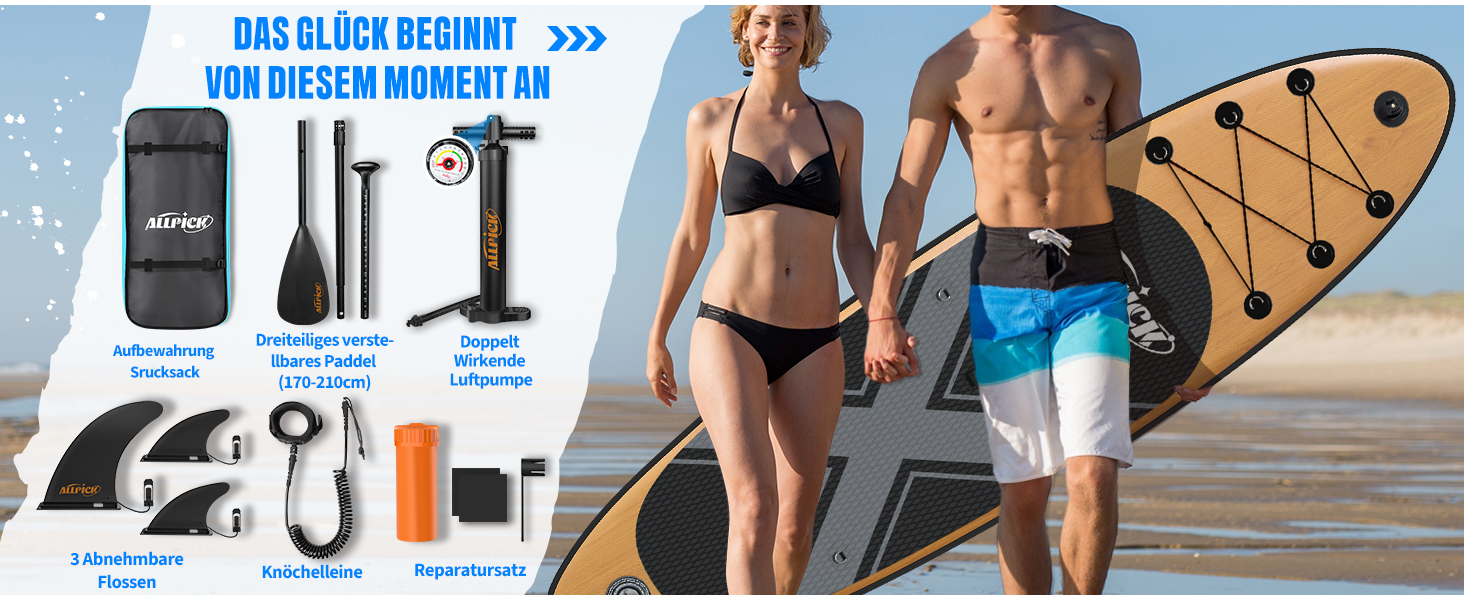 Надувний SUP Борд ALLPICK Premium з аксесуарами, тримачем для камери, регульованим веслом, для початківців та досвідчених, 200 кг, вінтажний дизайн з імітацією текстури дерева