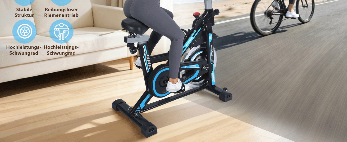 Велотренажер з магнітним опором - велотренажер з регульованим опором, тихий спінінг, висота регулюється, LCD-монітор, тримач для планшета, блакитний, великий