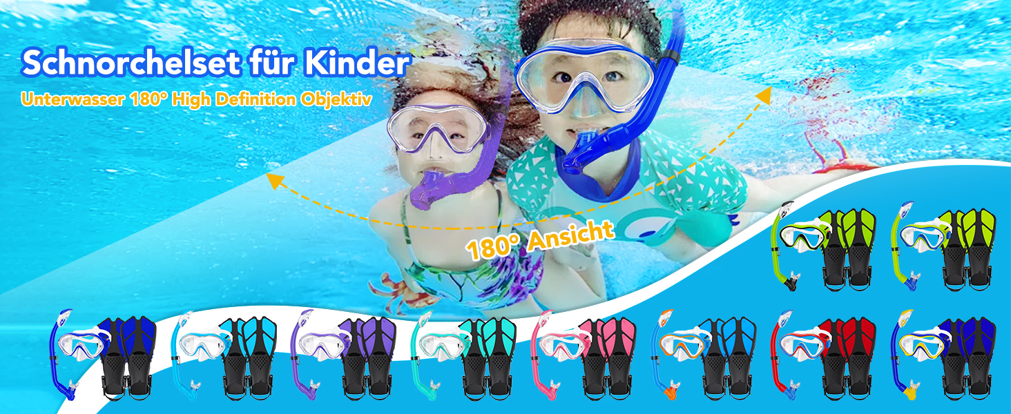 Набір для снорклінгу для дітей з ластами, маска з панорамою 180° та сухим снорклом, блакитний