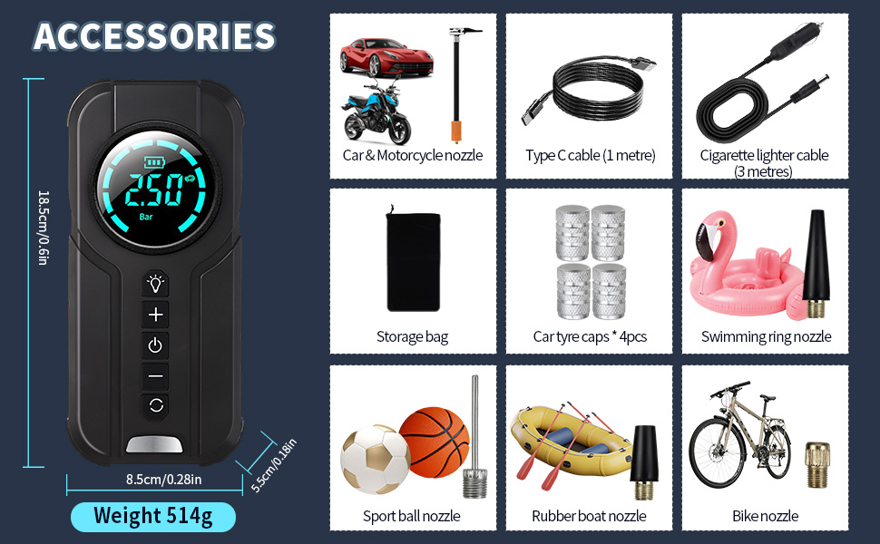Електрична велосипедна помпа VICKSONGS 7200mAh, компресор 180 PSI, портативний, акумуляторна, для авто, мотоцикла, велосипеда, баскетбольних м'ячів