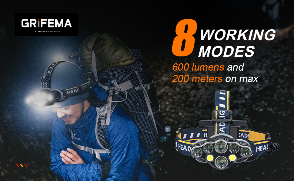 Грифема Фронтальний ліхтар, 8 LED, перезарядна, регульована 90°, водонепроникна IPX45, 5 режимів світла + червоне світло для роботи, відпочинку, кемпінгу, риболовлі та туризму