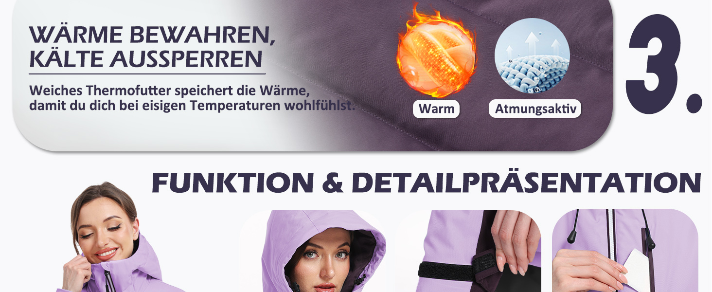 Жіноча лижна куртка GEMYSE: водонепроникна, вітронепроникна, тепла з капюшоном (Eislila/Morgengrau-Lila)