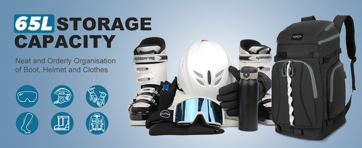 Сумка для лижних черевиків з відділенням для шолома, 65L, рюкзак для лиж, водонепроникна сумка для лиж, для лижних черевиків, ковзанів, лижних окулярів, сноуборду, лижних рукавичок, блакитна