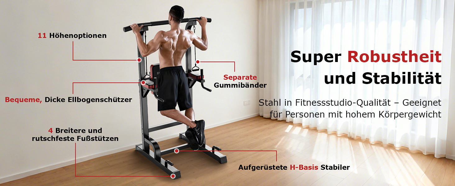 Силовий комплекс Pooboo Power Tower: багатофункціональний турнік з брусами для дому, 11 рівнів регулювання висоти, еластичні стрічки, чорний