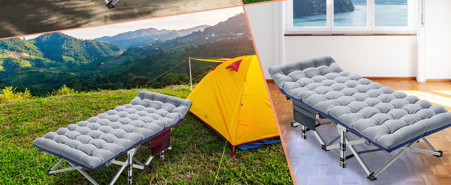 Розкладне кемпінгове ліжко MOPHOTO з матом – до 200 кг, 190x71x36 см, широке, для відпочинку на природі, сіре