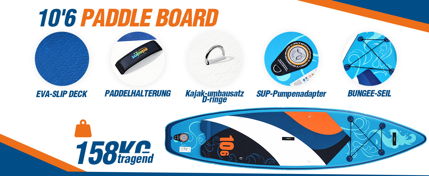 Надувний SUP борд Zupapa 366см/320см (320см) з аксесуарами | Stand Up Paddle Board (SUP) та каяк-сидіння | Чорно-біло-сірий, блакитно-біло-помаранчевий