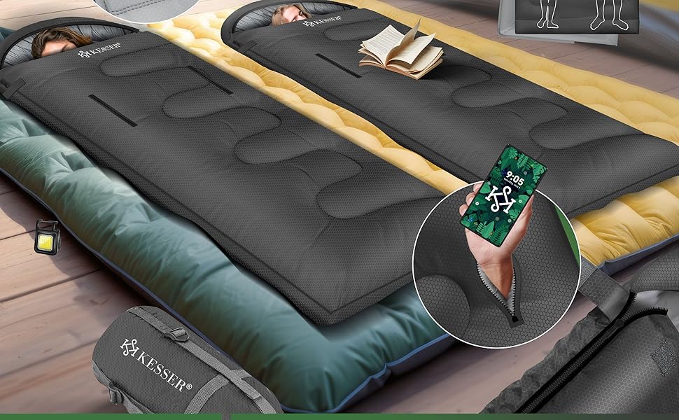 Спальний мішок KESSER® Outdoor для кемпінгу | 3-4 сезони | Підходить для дорослих та дітей | Легкий, теплий, водовідштовхуючий | З лампою та кишенею (Антрацит, 220 x 83 см)