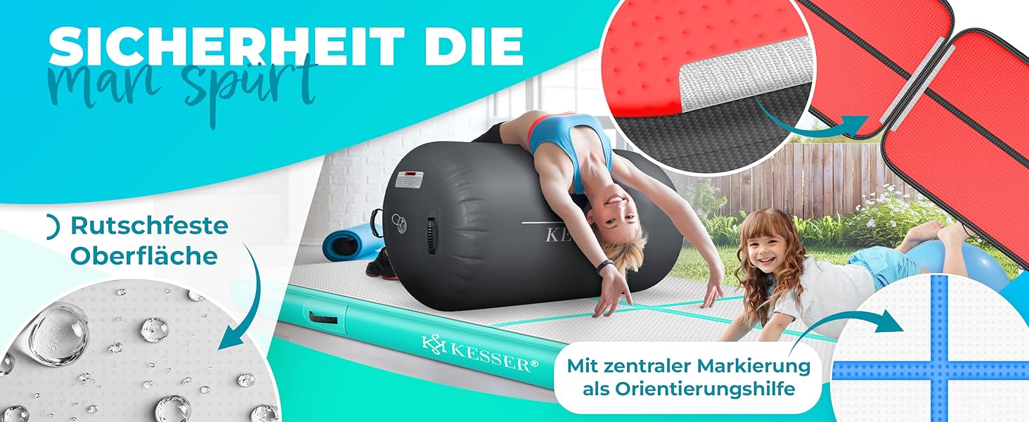Надувна гімнастична мата KESSER® Airtrack: 2м/3м/4м/5м/6м. Мата для фітнесу, йоги, акробатики. В комплекті сумка та електронасос. Розмір: 300 x 100 x 10 см. Колір: м'ятно-зелений