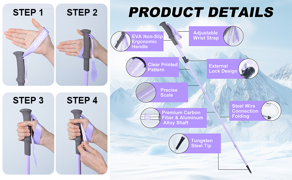 Телескопічна палиця для скандинавської ходьби Qoosea для жінок, вуглецеве волокно, складана трекінгова палиця 110-125 см з гумовим наконечником та сумкою (фіолетова)
