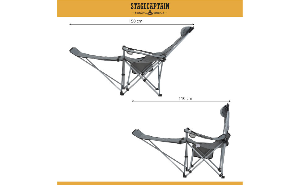 Кемпінгове крісло Stagecaptain CSF-600 MKII з підставкою для ніг, складане, сіре | Регульована спинка, підстаканник, сумка-чохол, поліестер 600D, навантаження до 110 кг