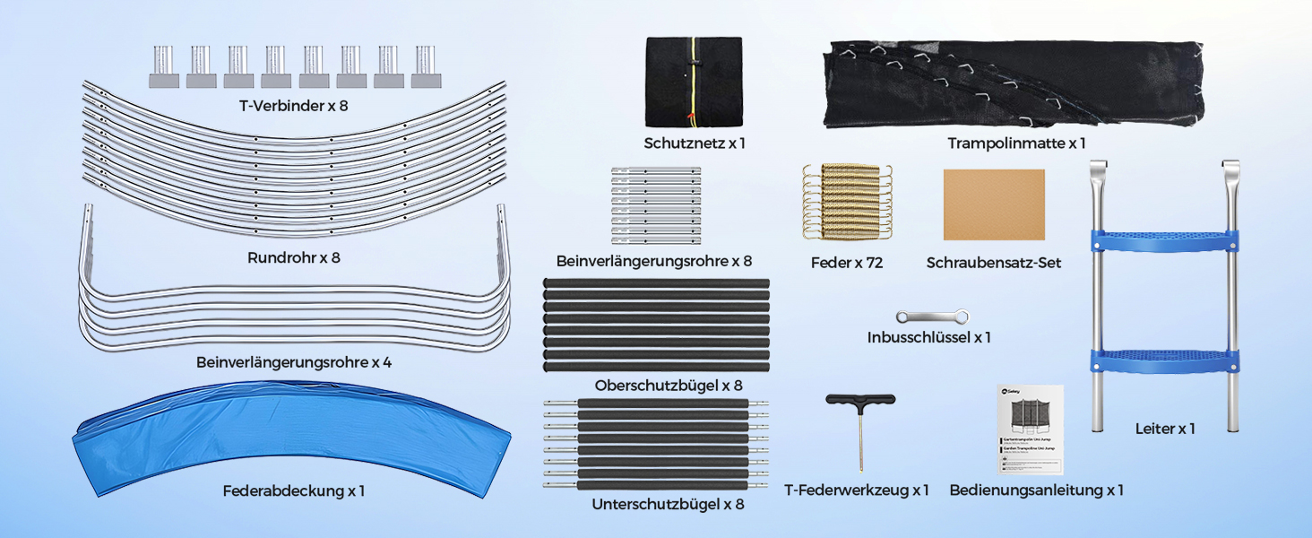 Трамплін Sekey Outdoor 244/305/366 см - сертифікований TÜV Rheinland GS, дитячий, для саду з безпечною драбиною, посиленим захисним сіткою та захисним бордюром (Блакитний, 366 см/12 футів)