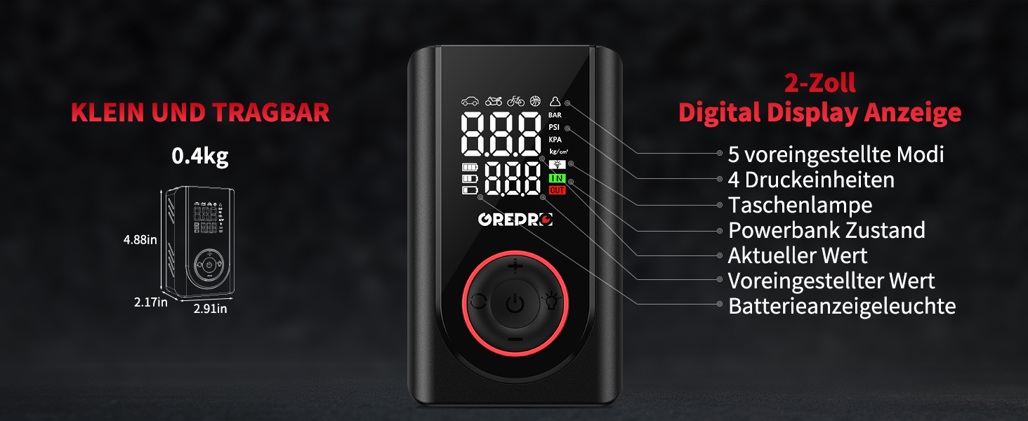Електричний компресор GREPRO для авто, мото, велосипеда та м'ячів, 150 PSI, акумулятор 5000mAh, LED-ліхтар, цифровий манометр