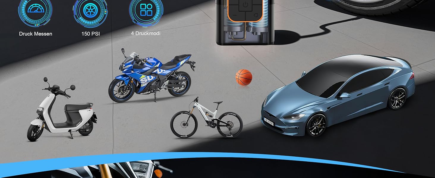 Електрична повітряна помпа, бездротова помпа для шин велосипеда з цифровим манометром (150 PSI), LED-ліхтар, для авто/велосипеда/мотоцикла/м'яча