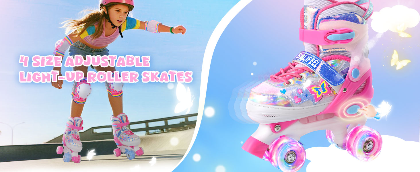 Роликові ковзани SULIFEEL для дівчаток та дітей з підсвічуванням, регульовані, 4 розміри, для малюків та початківців (Червоний, M (32-36))