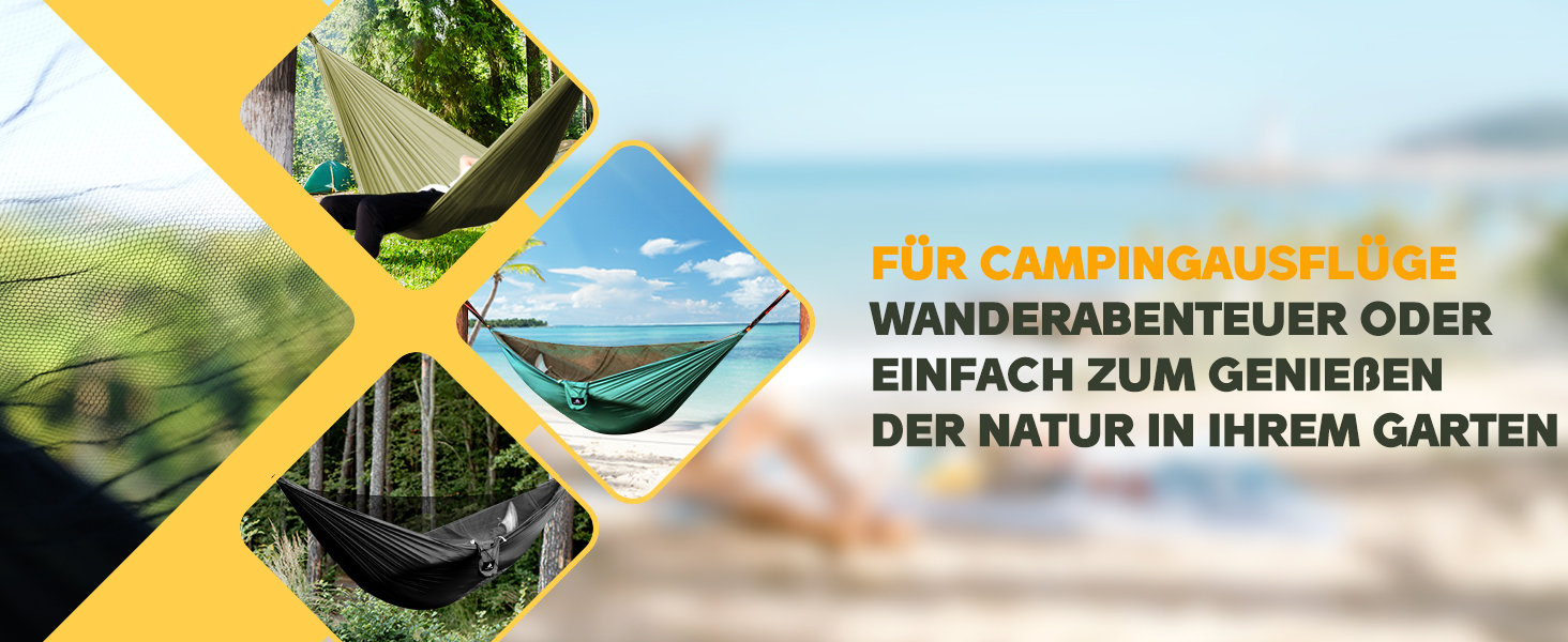Гамак для кемпінгу NatureFun з москітною сіткою | Максимальне навантаження 300 кг, 290 x 140 см | Дихаючий, швидковисихаючий нейлон, комплект аксесуарів, чорний