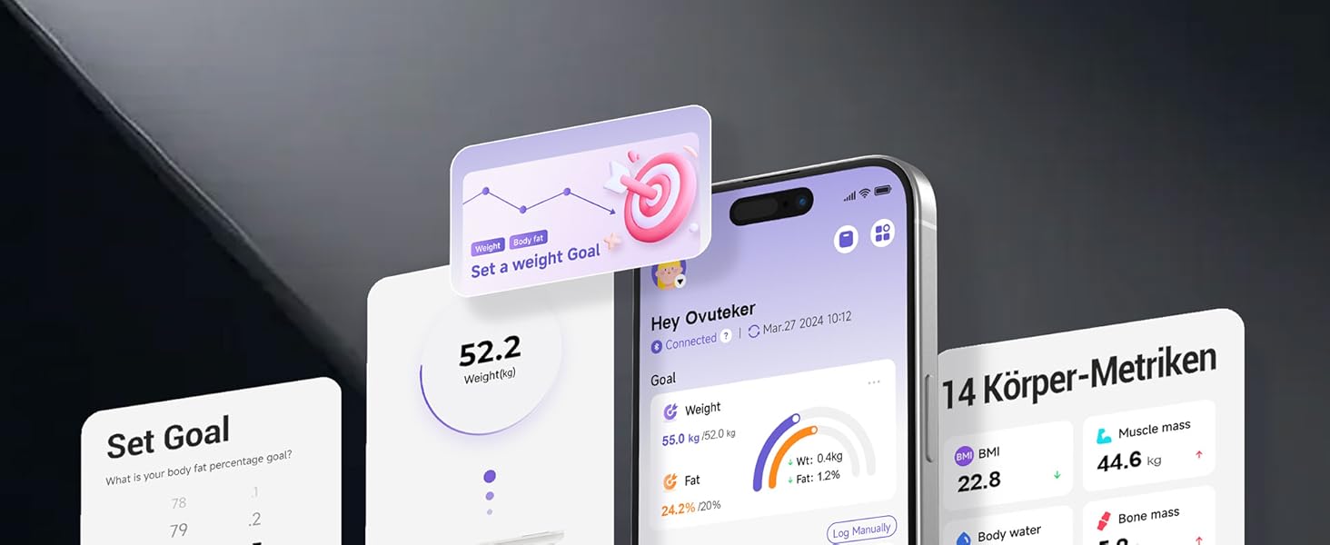 Ваги Ovutek для людей, цифрові ваги з аналізом складу тіла, 180 кг, дисплей, BMI, жир, м'язи, вода, 14 показників, фітнес-додаток, чорний