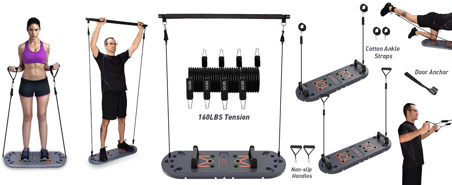 Фітнес-набір 27 в 1 BOOSTEADY: дошка для віджимань, ручки-опори, еспандери, ролик для преса та стійка для пілатесу