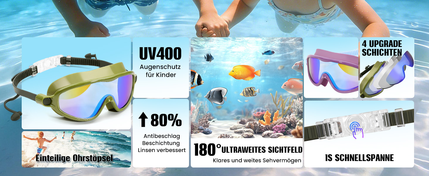 Дитячі окуляри для плавання Bluesmile (2 шт.), широкий огляд, антизапар, захист від УФ, для хлопчиків та дівчаток 3-14 років, зелено-фіолетові, малі