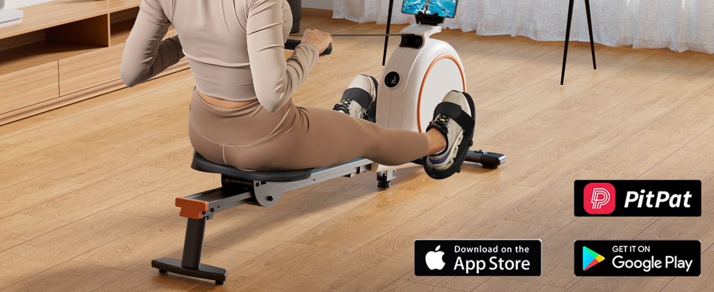 Гребний тренажер для дому з магнітним опором, 32 рівні, 136 кг, сумісність з додатком, LCD-дисплей, білий-помаранчевий